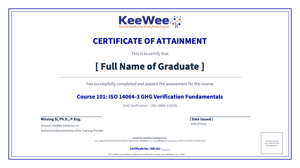 Sample KeeWee certificate of attainment for ISO 14064-3 GHG Verification Fundamentals, issued by KeeWee Solutions Inc., an ISO 14065 accredited validation and verification body
